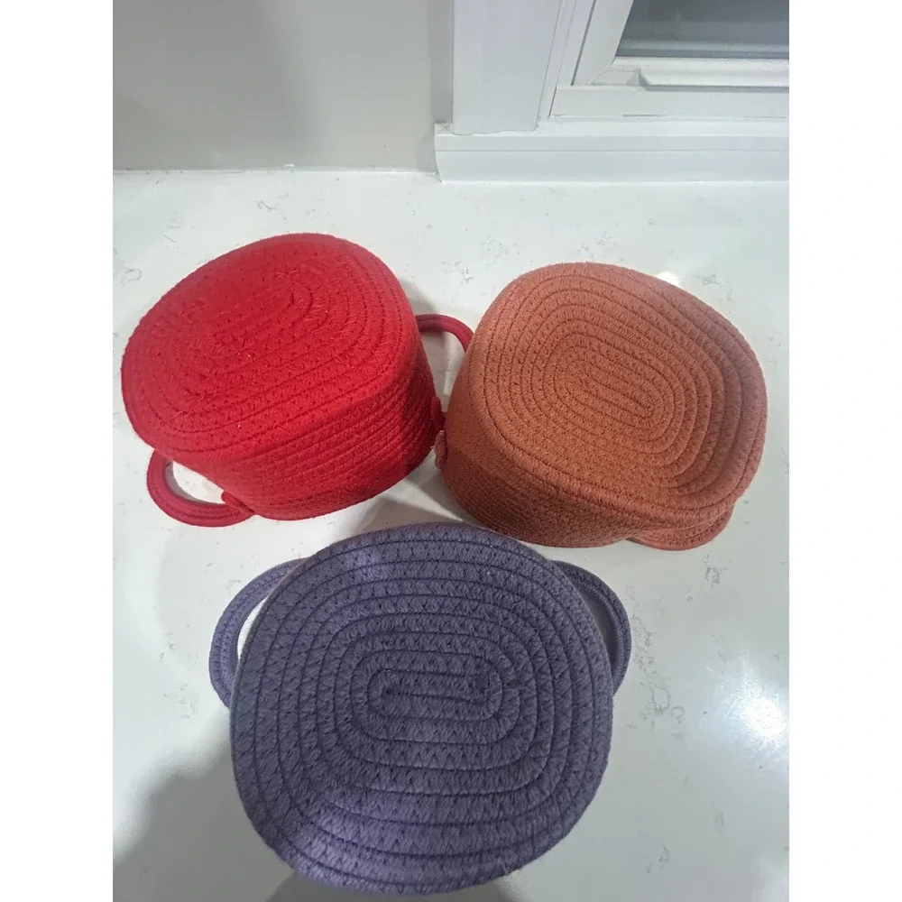 Set of 3 Woven Cotton Rope Baskets Small Oval Storage Bins w/ Handles Multicolor